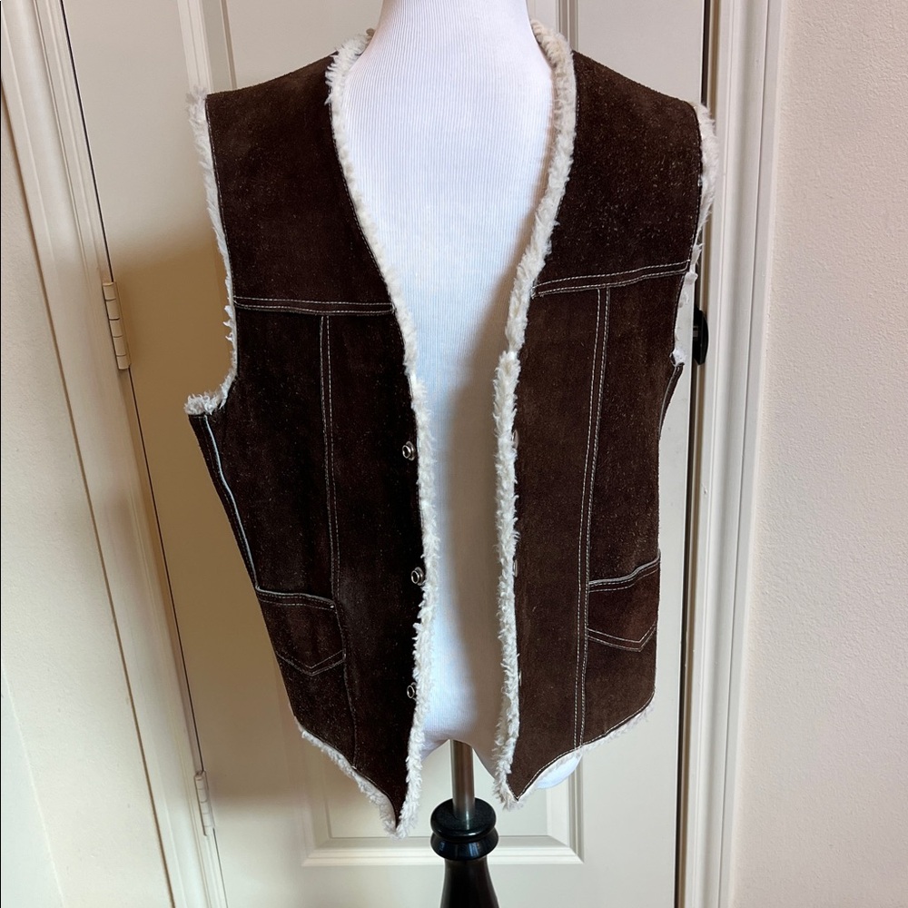 Vintage Handmade Dark Brown Leather Vest with Sherpa Lining